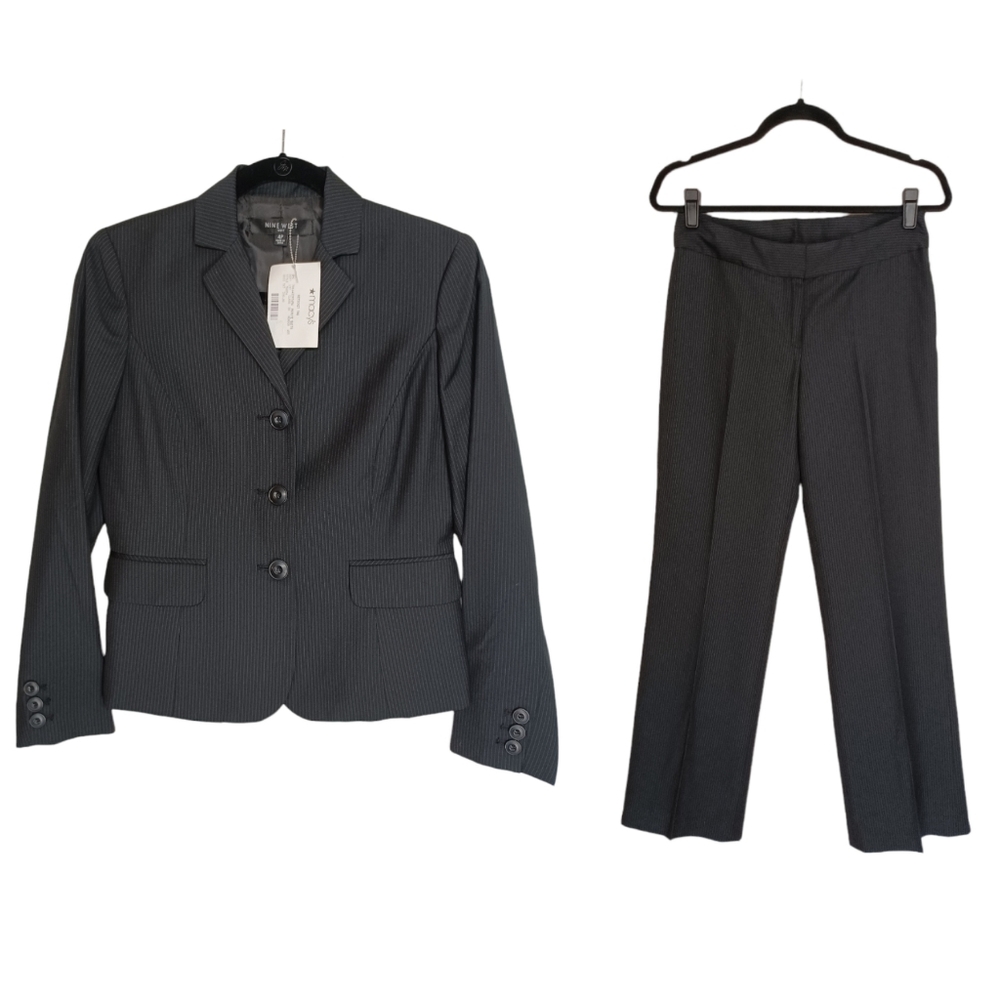 NINE WEST SUIT Black White Thin Pinstripe Print Button Blazer Trouser Set 4P NWT